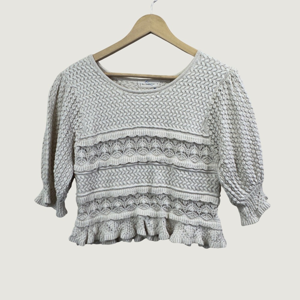 By Together Crochet Knit Sweater M Cream Boho Cottagecore Puff Sleeve Ruffle
